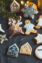 Baked gingerbread cookies in a variety of shapes and sizes