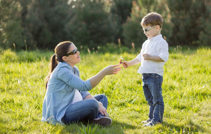 Son giving a bouquet of flowers to his pregnant mother in a field