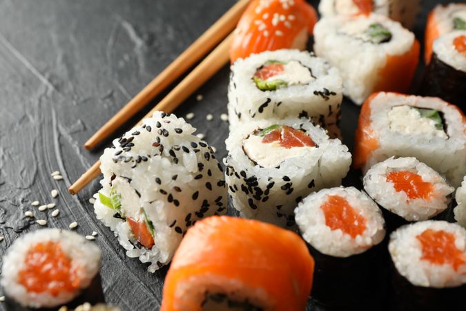 Delicious sushi rolls, close up. Japanese food