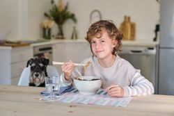 Boy eating Asian ramen and smirking