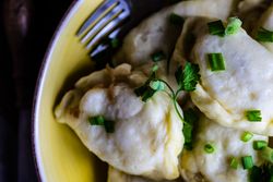 Top view close up of Ukrainian vareniki with potato