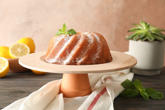 Cake with powder sugar and mint on wooden background, space for text