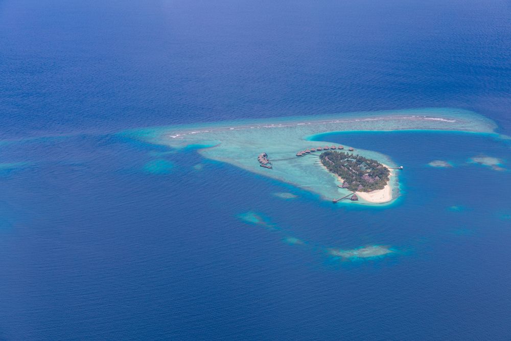 Island resort viewed from the airplane, landscape