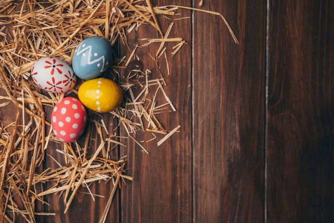 Set of Easter eggs on straw