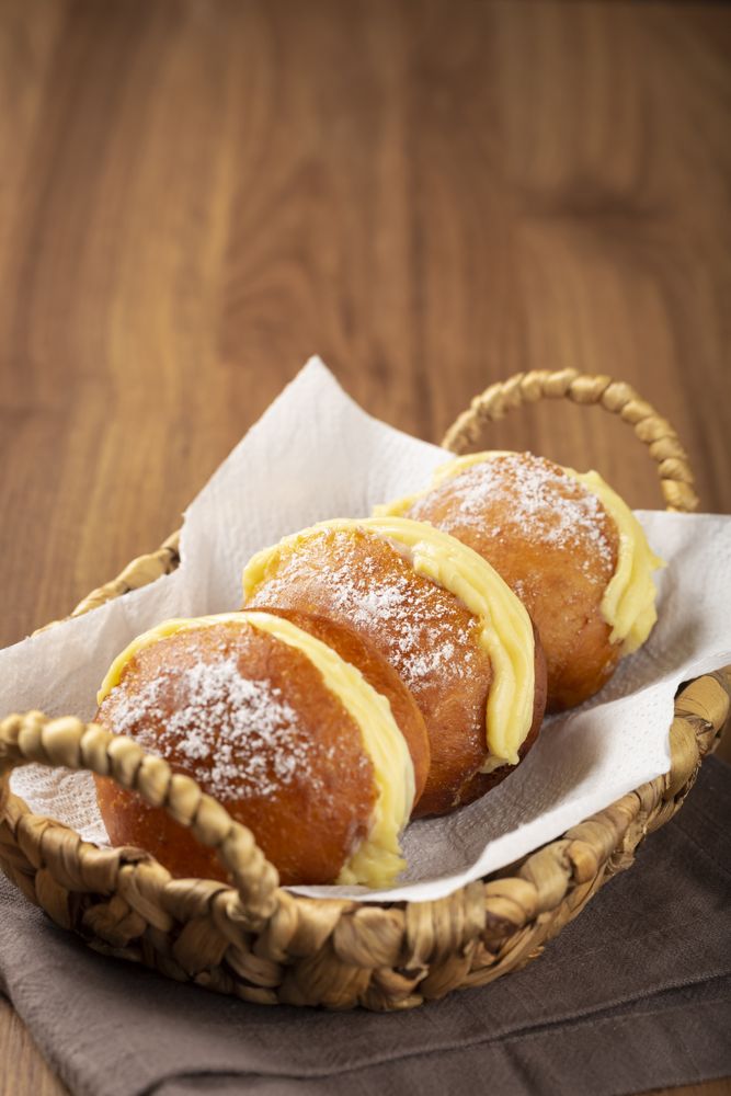 Berlin balls. Bread stuffed with icing cream.