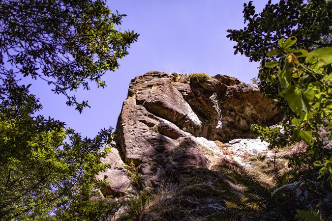 Looking up at rock with blue sky