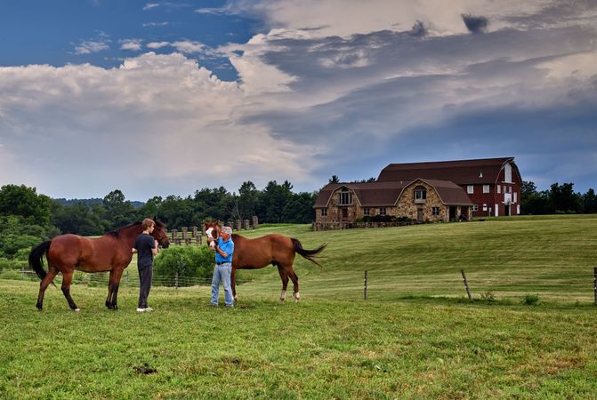 Father and son with horses at Mr. McConnell’s soybean farm in Derry Township, Pennsylvania