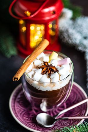 Marshmallow hot chocolate with cinnamon on table with red lantern