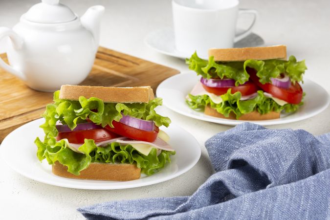 Natural sandwich. Sandwich with cheese, ham, lettuce, tomato and red onion.