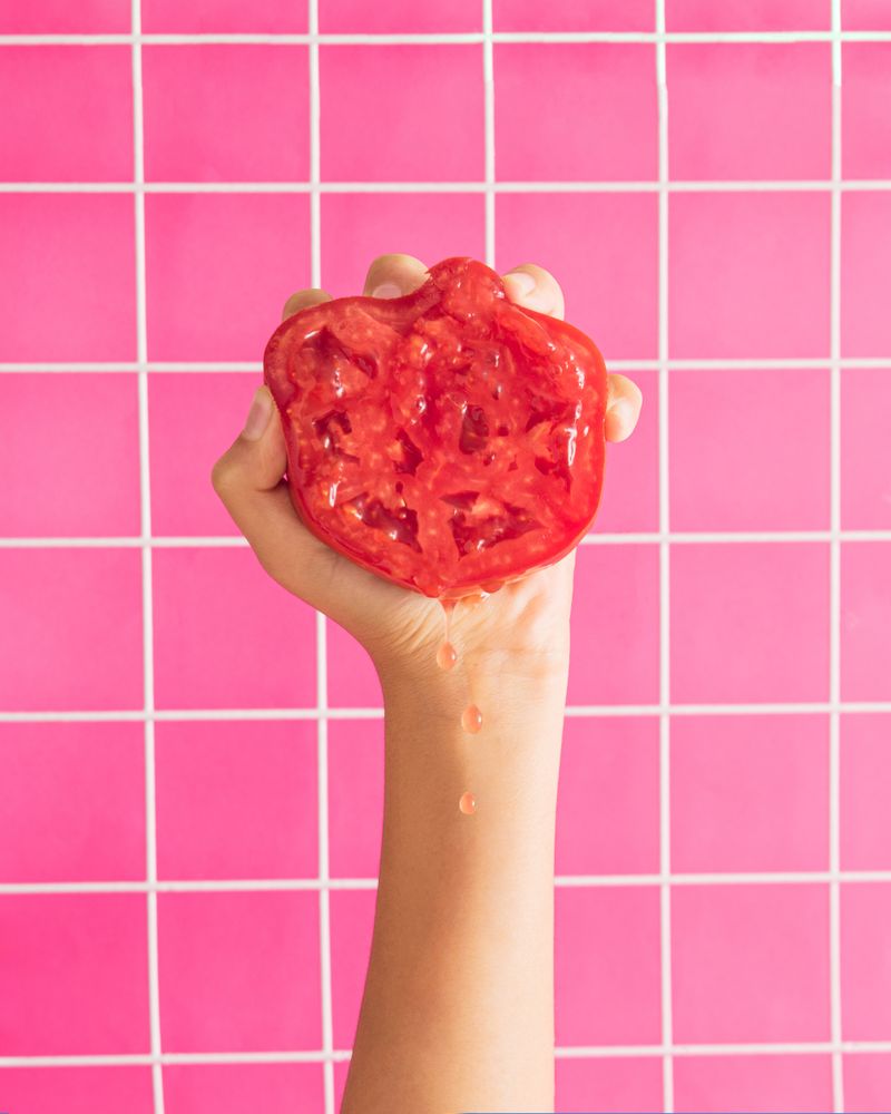 Hand holding half of red tomato and squeezing