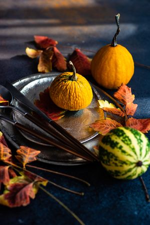 Fall table settings of ceramic plates with leaves, gourds and cutlery