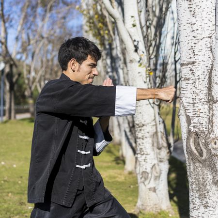 Young athletic martial arts fighter practicing kicks in a public park