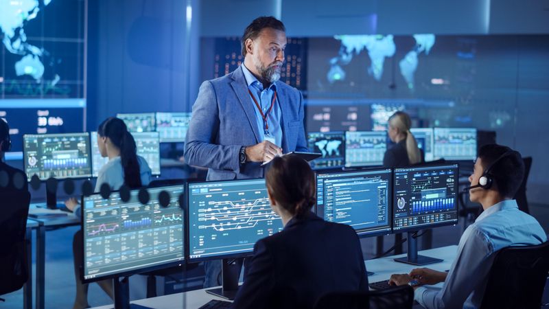 Bearded Manager Oversees Diverse Team in High-tech Control Room. Analysts Monitor Real-time Data on Multiple Screens.
