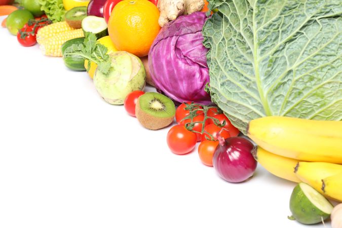 Composition with ripe vegetables and fruits isolated. Healthy food