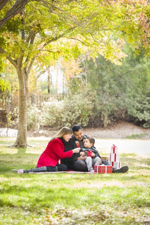 Family Enjoying Christmas Gifts in the Park Together