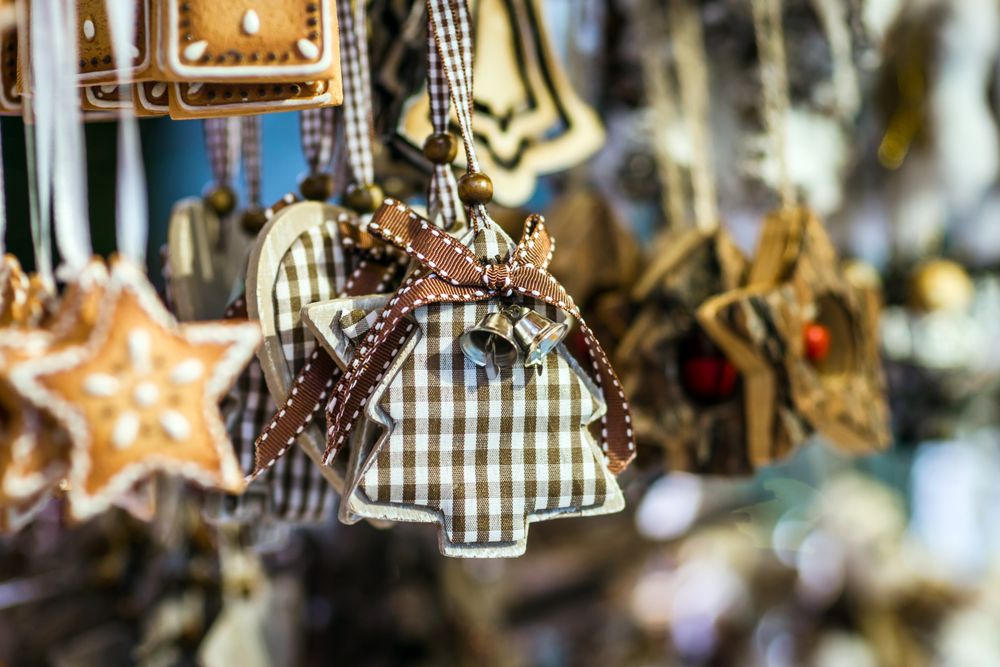 Close up of felt tree handmade ornament in Christmas market