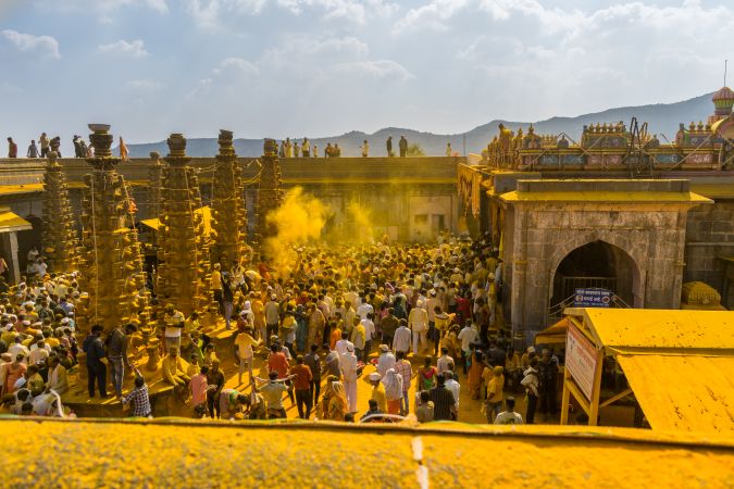Jejuri, Maharashtra, India - Dec 30, 2024: Palkhi of Lord Khandoba at the famous and beautiful Khandoba temple at Jejuri during the festival of Somvati Amavasya