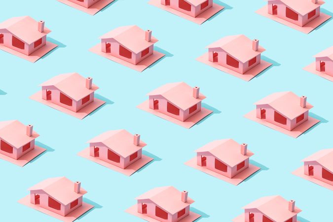 Pattern of pink paper house in rows