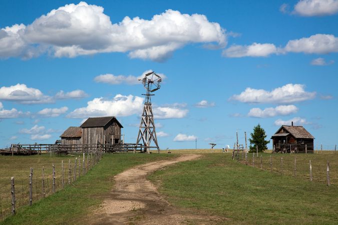 Windmill and pioneer style buildings in a traditional prairie scene, Murdo, South Dakota