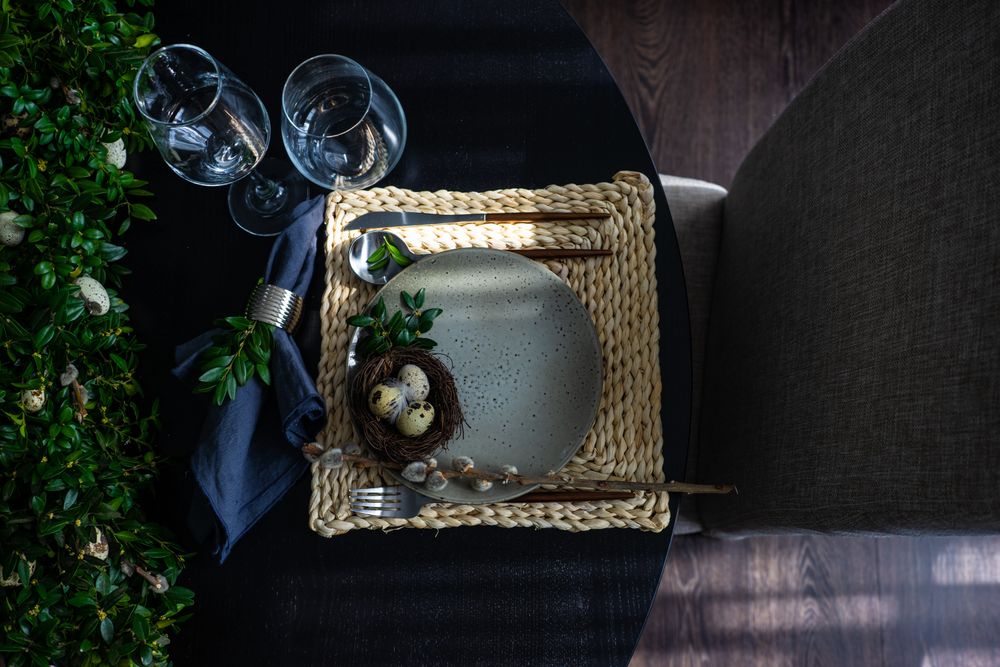 Elegant Easter table setting seen from above
