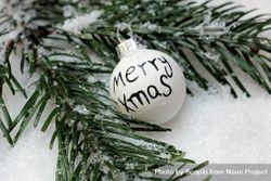 Merry Xmas on a light bauble beside pine tree leaves 4M7Rr0