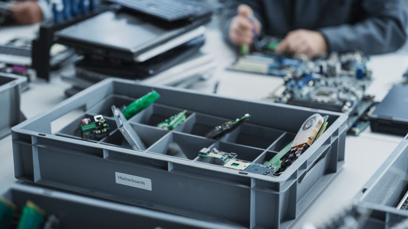 Close Up Shot Of Box With Motherboards From Old Laptops That Are Being Disassembled By Electronics Factory Workers.