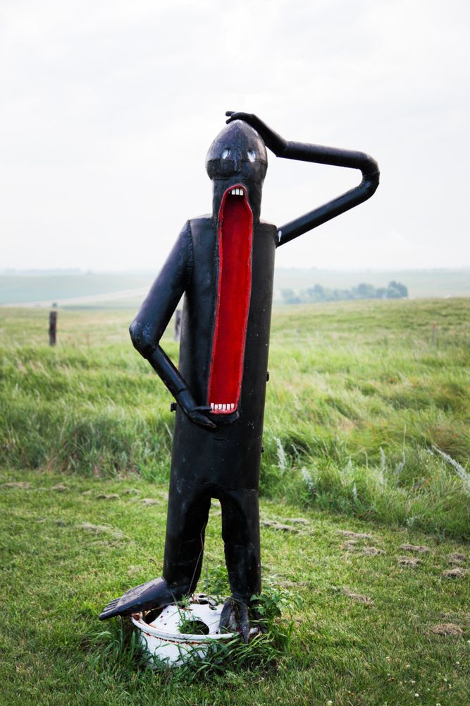 Figure with jaw dropped, Porter Sculpture Park, Montrose, South Dakota