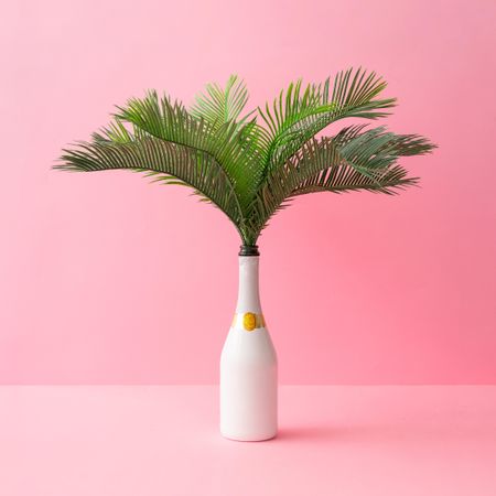 Champagne bottle with tropical green palm leaves on pastel pink background