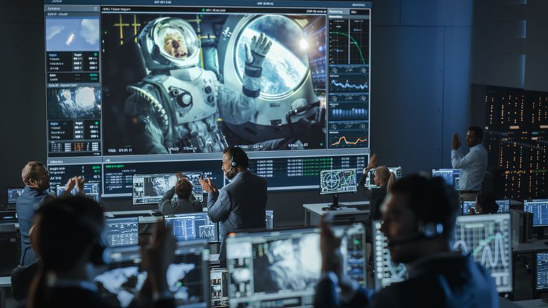 Mission Control Celebrates as Astronaut Waves From Spacecraft.
