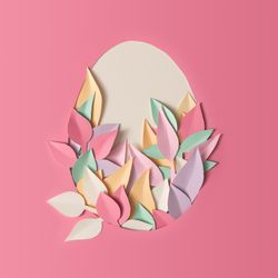 Easter layout with paper leaves in egg shape on light paper background