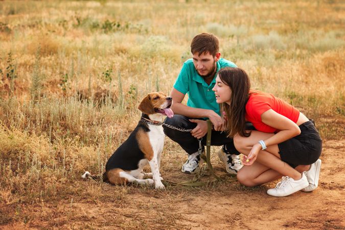 Loving owners walk dog outdoors