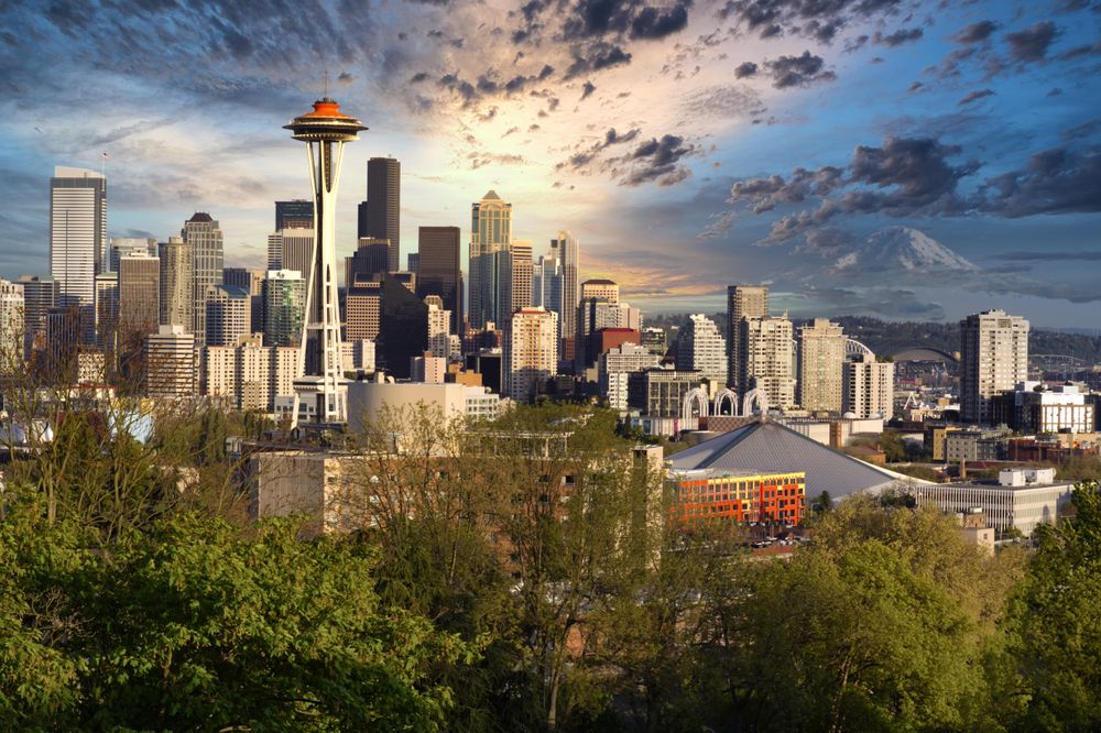 Seattle Washington summer evening with dark clouds