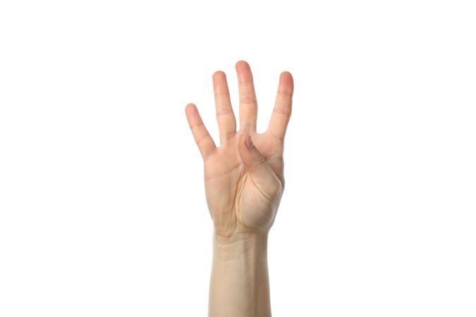 Female hand showing three fingers, isolated on blank background