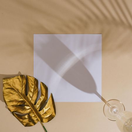 Wine glass with golden leaf and square paper on beige background with palm leaf shadow