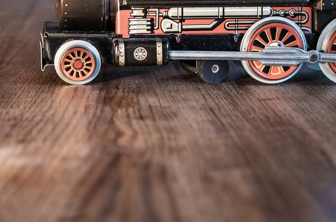 Close up of wheels on toy train