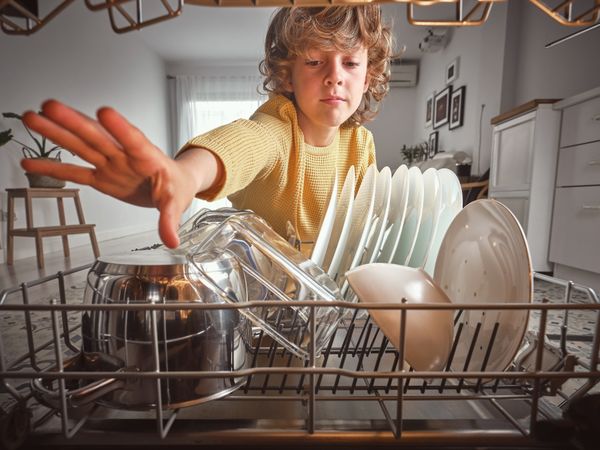 Boy unloading dishwasher with dishware