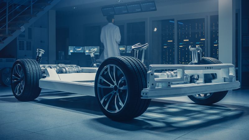 Automobile Engineer Working on Electric Car Platform Chassis Prototype, Using Tablet Computer with 3D CAD Software Modelling.