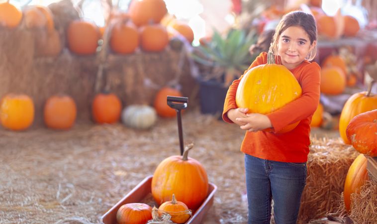 Young Girl Choosing A Pumpkin at A Pumpkin Patch on a Fall Day.