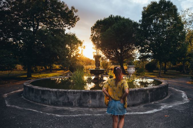 Female admiring sunset in park