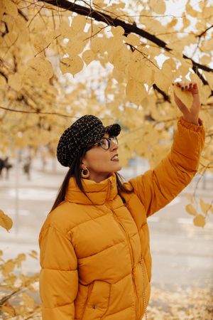 Smiling woman touching leaves on autumn tree