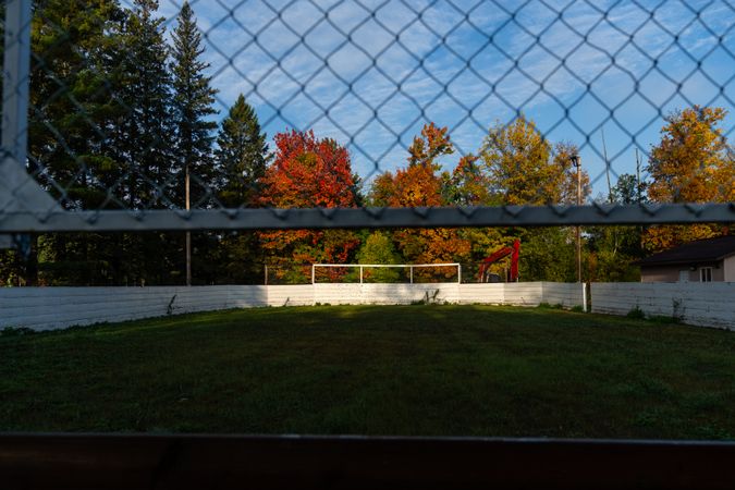 Hockey rink covered in grass in autumn in Goodland, MN