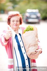 Older woman in pink cardigan holding grocery bag standing outdoor 5pKAx0