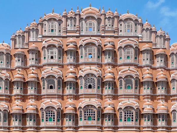 wide street view of hawa mahal jaipur rajasthan