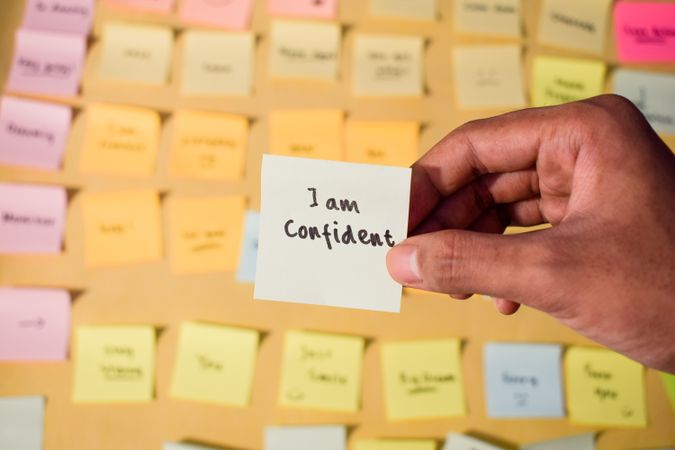 Hand hold sticky notes with words I am confident