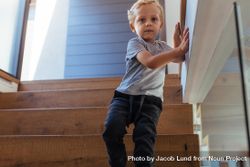 Little boy walking down stairs taking support of a wall 48GQq5