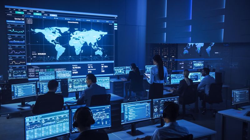 Diverse Team in a Tech Hub Analyzes Global Data on Multiple Screens, Ensuring Cybersecurity and Smooth Operations.