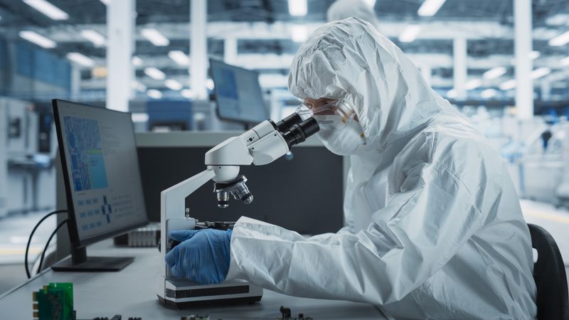 Scientist in hazmat protective suit looking through microscope