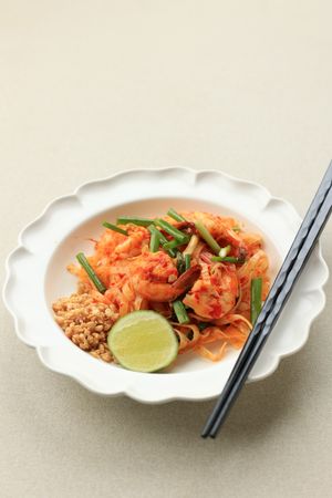 Shrimp Pad Thai made with Rice Noodles,  Menu Item at Asian Restaurants.