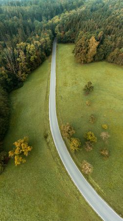 Aerial view panorama with road passing through green meadow and forest