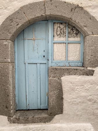 Patmian blue door with window